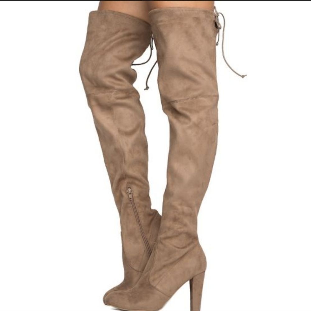 JGOODS Maya‎ tan faux suede over the knee high heeled boots 8